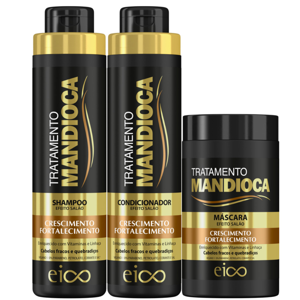 Eico Tratamento Mandioca Shampoo Sem Sal Condicionador 800ml Máscara Fortalecimento Crescimento