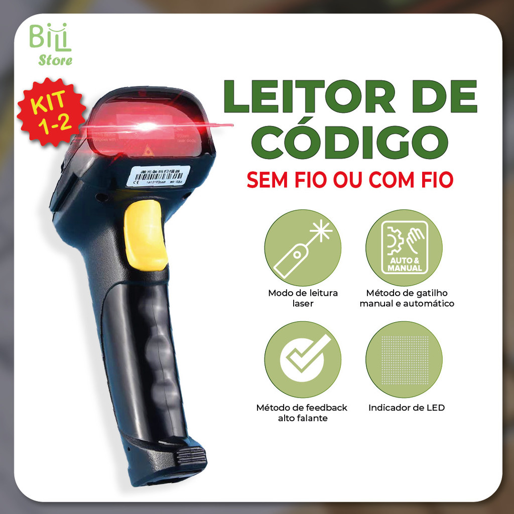 Leitor De Código De Barras Scanner Laser Com ou Sem Fio USB Leitura 1D em Oferta na Shopee