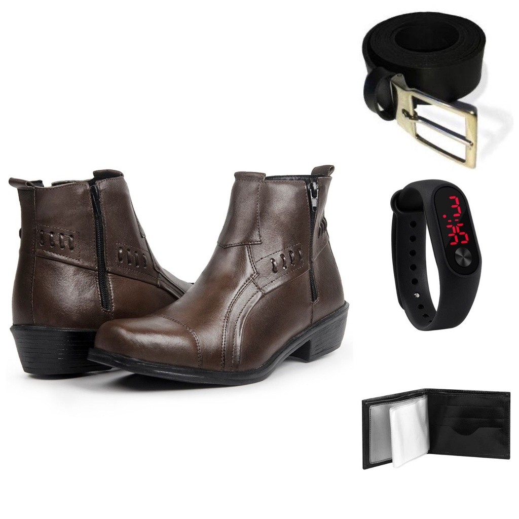 Kit Bota Coturno Casual Couro Legitimo Super Confortável + Carteira Relógio e Cinto Oferta Imperdível Não Perca