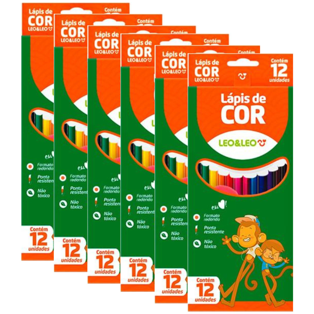 Kit 6 Unidades Lápis De Cor Redondo Leo&leo 12 Cores Rodondo Com Ponta Resistente