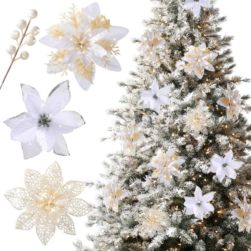 5/20 Unidades Flor De Natal Branca Glitter Flores De Poinsétia Escolhas De Frutas Artificiais Enfeites De Árvore Para Decorações De Festa De Guirlanda De Casamento