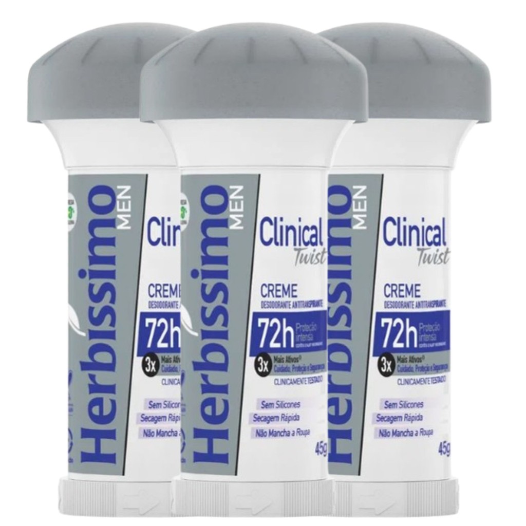 **Vencimento 06/2026**  Kit 3 Desodorante Twist Clinical Men Herbíssimo 45G - Dana    **Vencimento 06/2026**