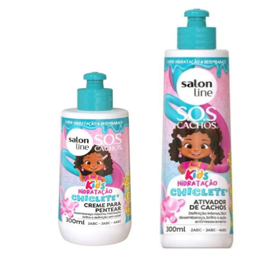 Kit 2 Produtos Ativador De Cachos e Creme Pentear Kids Hidratação e Desembaraço Chiclete Salon Line S.O.S Cachos 300ml L
