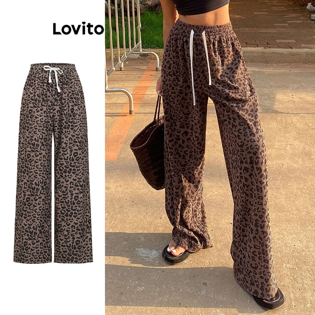 (Trendy) Lovito Calça Casual Calça Leopardo Com Cordão Para Mulheres L106AD223 - Women Clothes