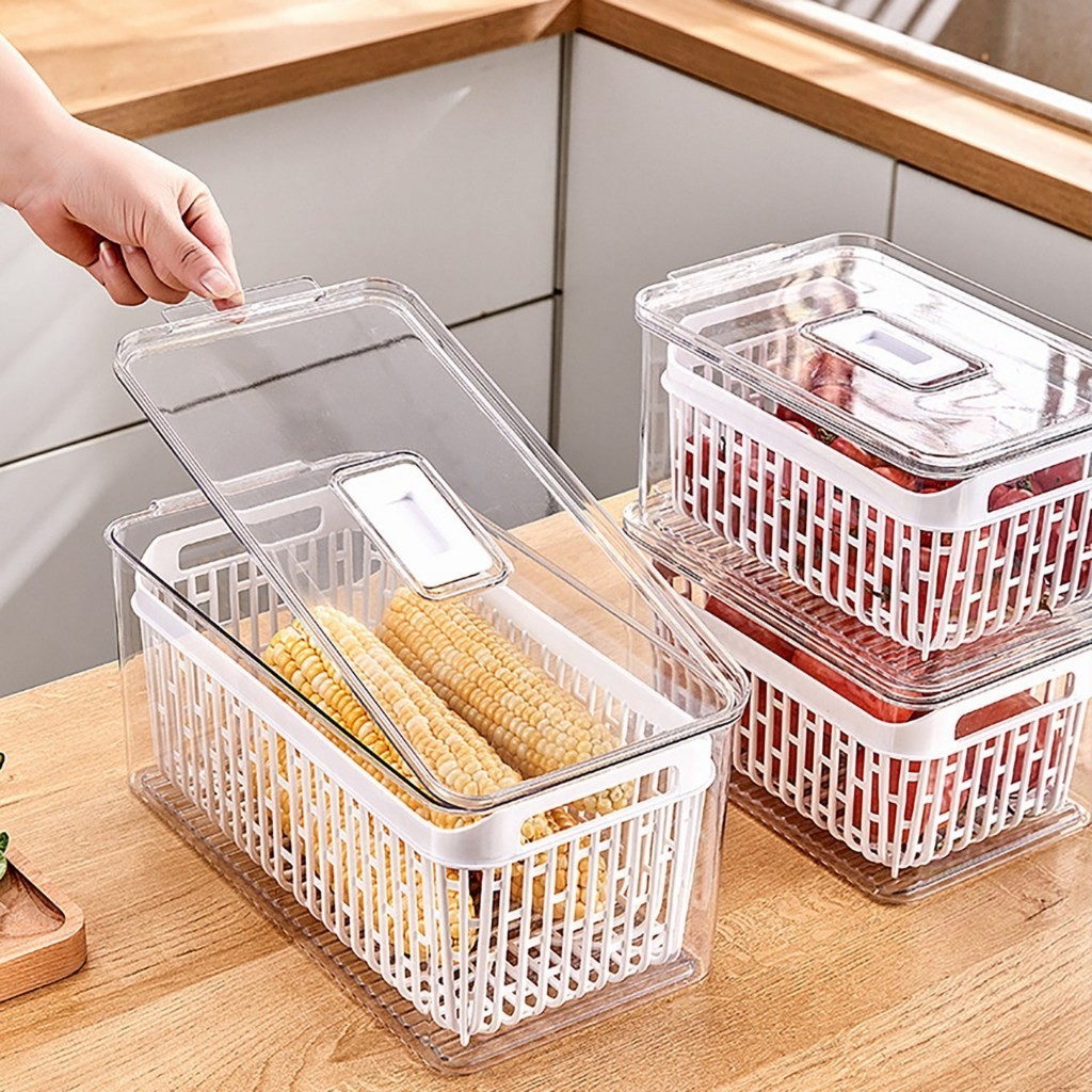 Organizador de Geladeira Pote Cesto Acrilico Transparente com Tampa Multiuso para Alimentos Vegetais