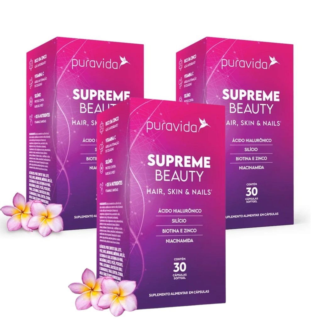 Kit 3 Supreme Beauty Biotina Hialurônico Zibco Silício PuraVida