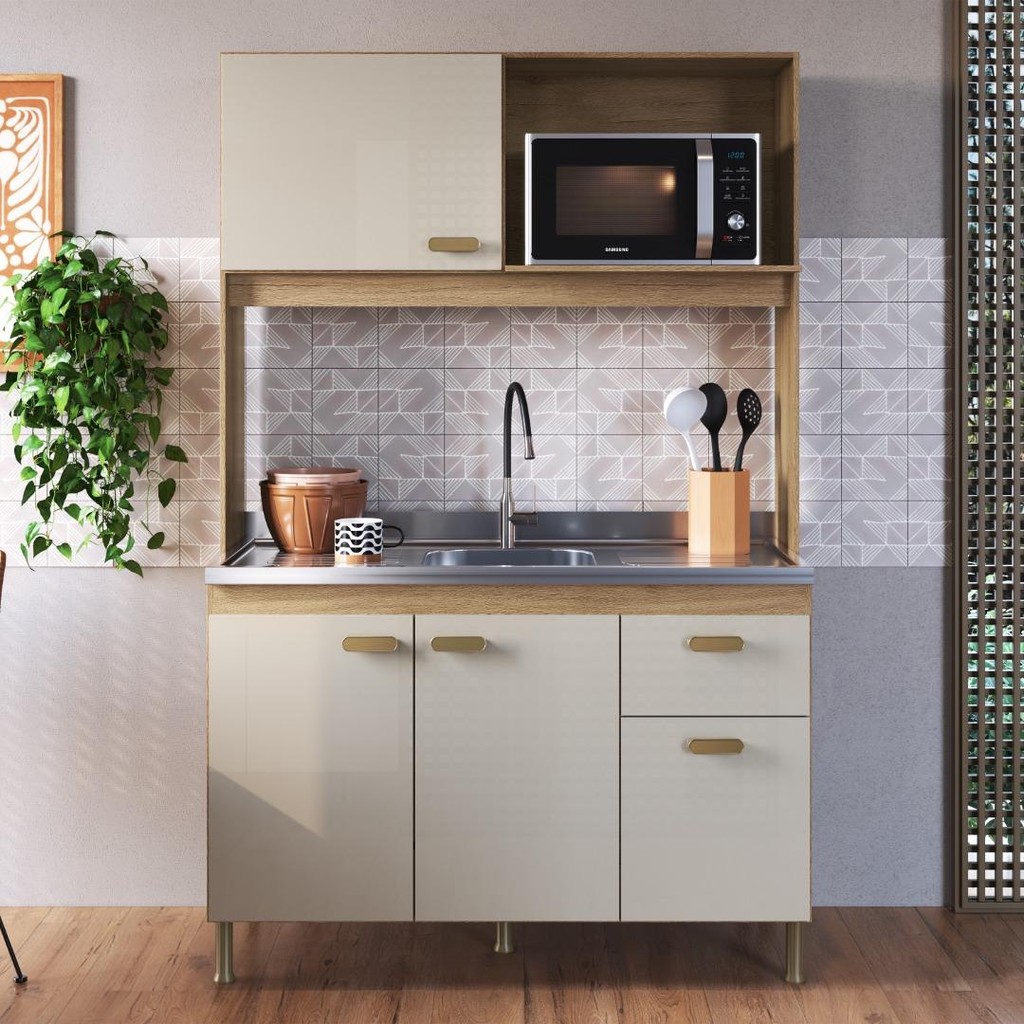 Armário De Cozinha Compacta Fidelitá Malta 122cm 4 Portas 1 Gaveta Sem Tampo e Fundo Castani/Off-White em Oferta na Shopee