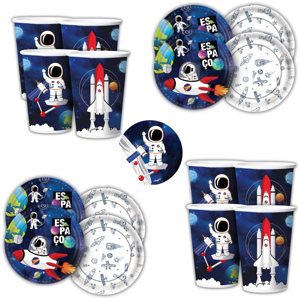 Kit Festa ASTRONAUTA  ESPACIAL 16 Pratos + 16 Copos Descartável 180 Ml Papel - REGINA em Oferta na Shopee