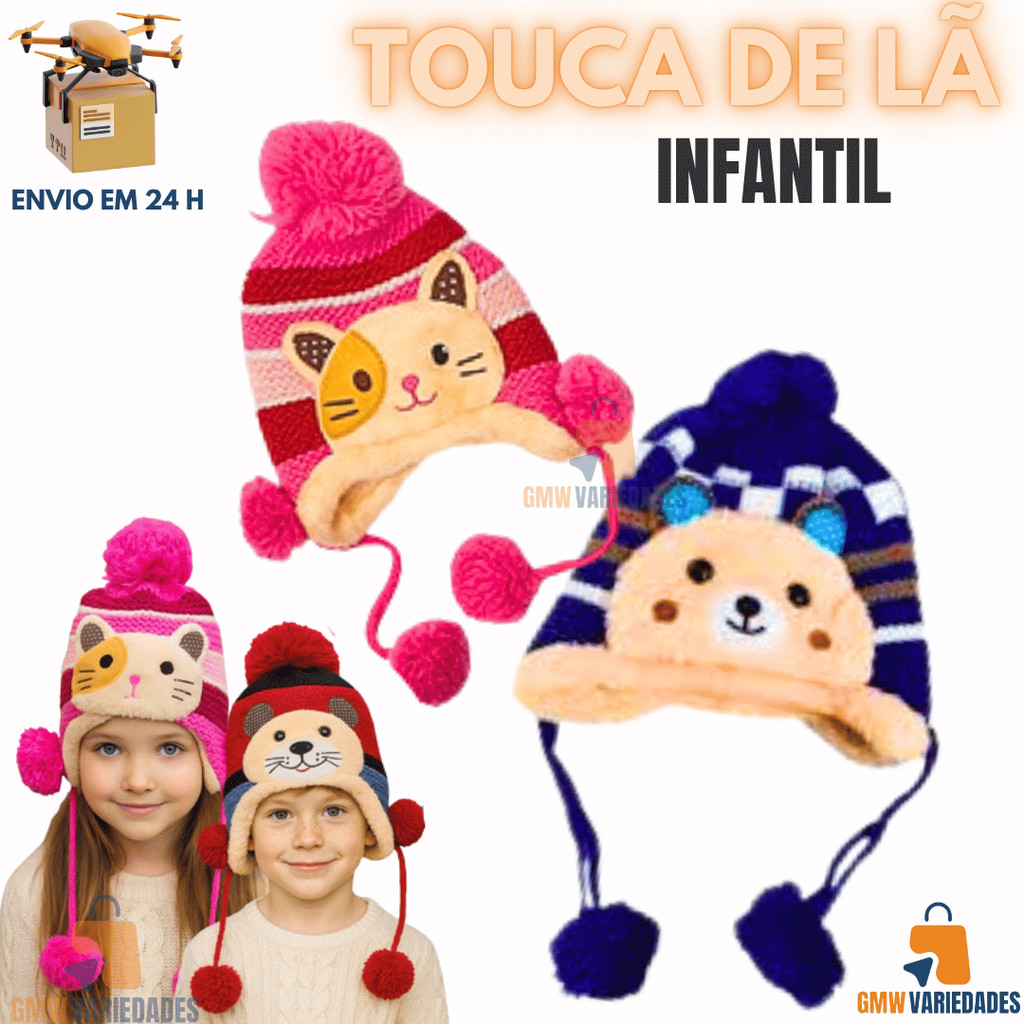 Touca Gorro Lã Inverno Forrada Com Pompom Infantil Azul Rosa Bege Menino Menina Oferta