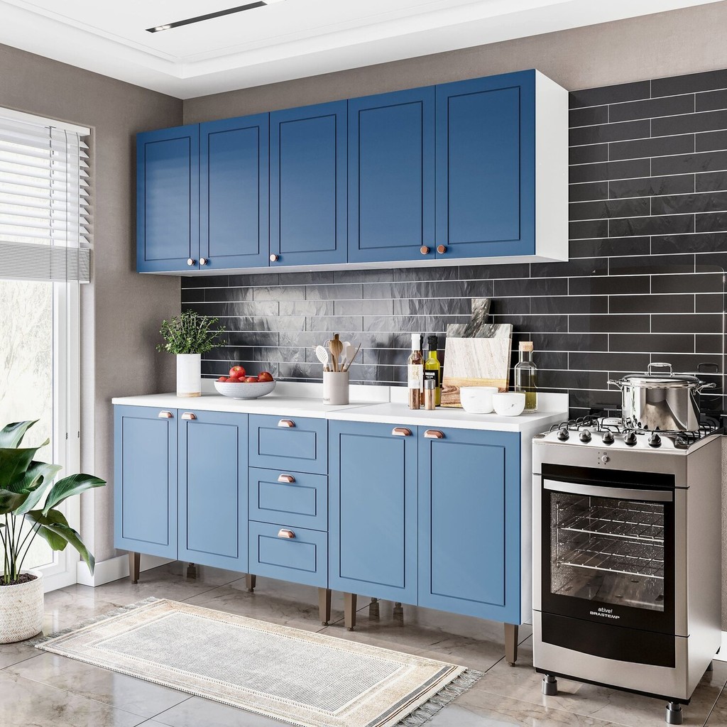 Cozinha Pérola com Tampo 4 Peças Aéreos com 5 Portas, Balcão 2 Gavetas 3 Portas e Balcão 2 Portas Ye Branco/Azul - Home & Living