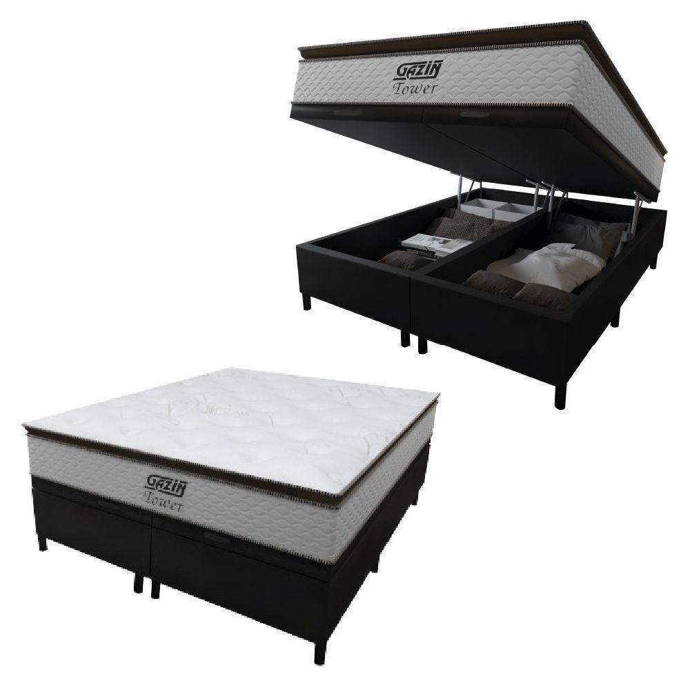 Cama Box Baú Queen Colchão Molas Pocket Ensacadas Tower 158x198x75cm Branco-preto Gazin Branc-marr