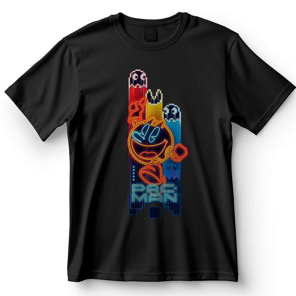 Camiseta Pac-Man Neon Brilhante Fantasmas Jogo Clássico Retrô Blusa Camisa 100% Algodão