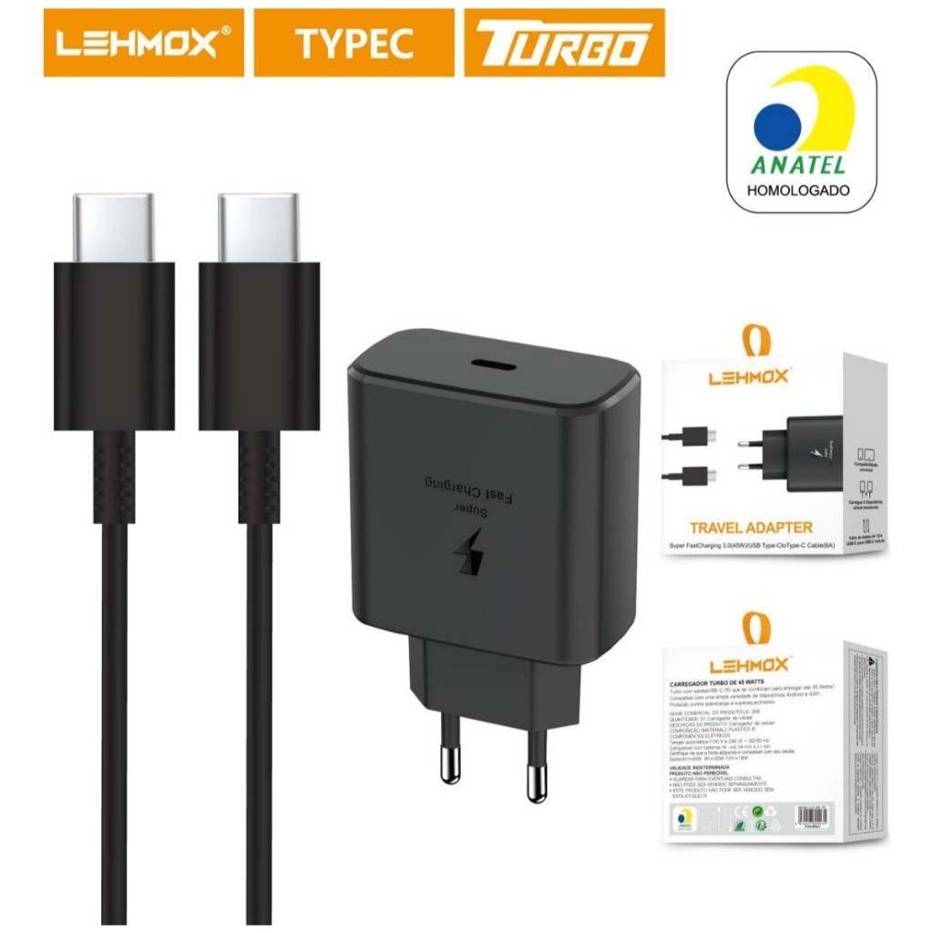 Carregador TURBO 5A USB-C | Super Fast Charging 25W (Estilo Samsung) [ANATEL] Kit Cabo Tipo C Lehmox