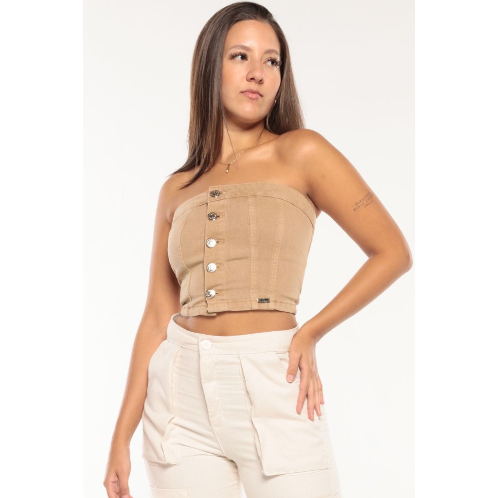 Cropped Feminino em Sarja Sem Mangas Planet Girls Bege Médio em Oferta na Shopee