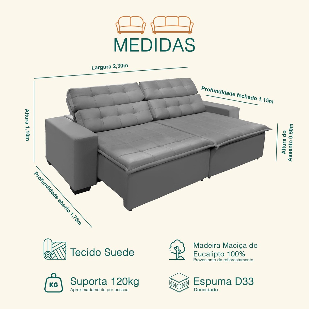Sofá Retrátil e Reclinável 2,30m Suede Cinza Magno · foto 2