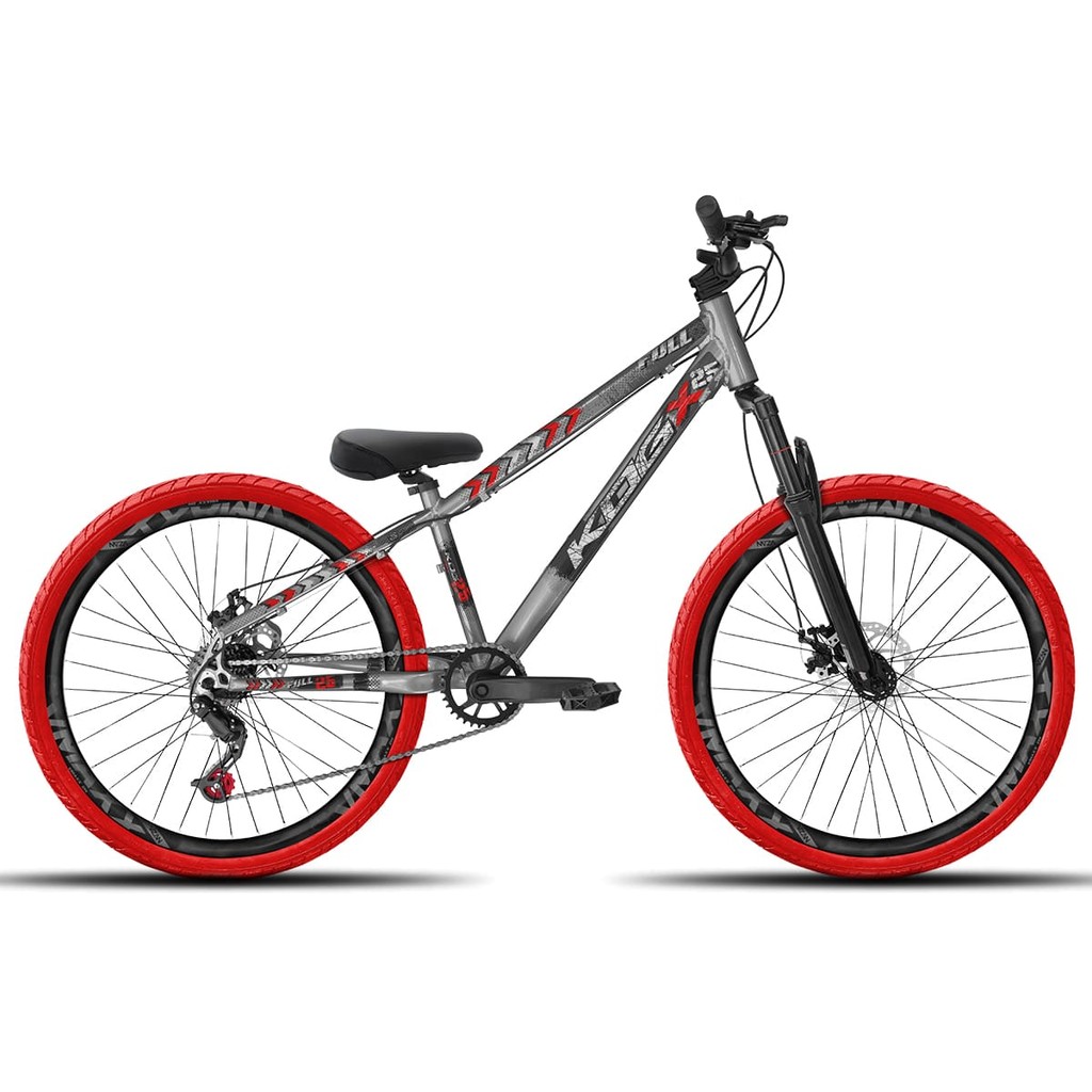 Bicicleta aro 26 KOG Freeride 1x7 Grafite com Vermelho Vmaxx Preto Fosco - Pneus Vermelho - Mesa Curta Preto - Guidão Pr