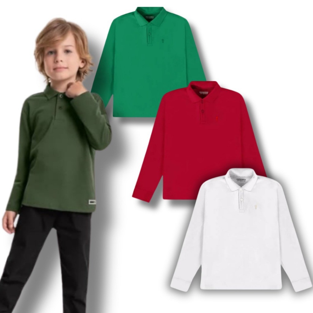Camiseta Polo Infantil Menino Juvenil Manga Longa 1 ao 14 Frio Outono Inverno