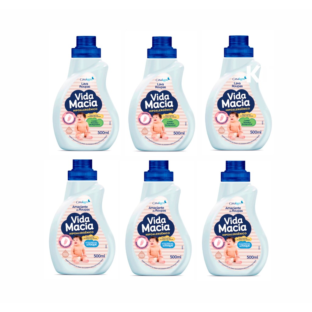 Lava Roupas e Amaciante Vida Macia Bebe Bebê 500ml Kit 3