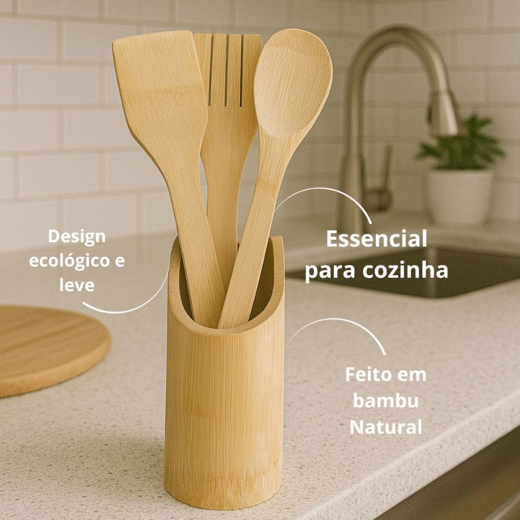 kit utensilios cozinha bambu  lar utilidades casa
