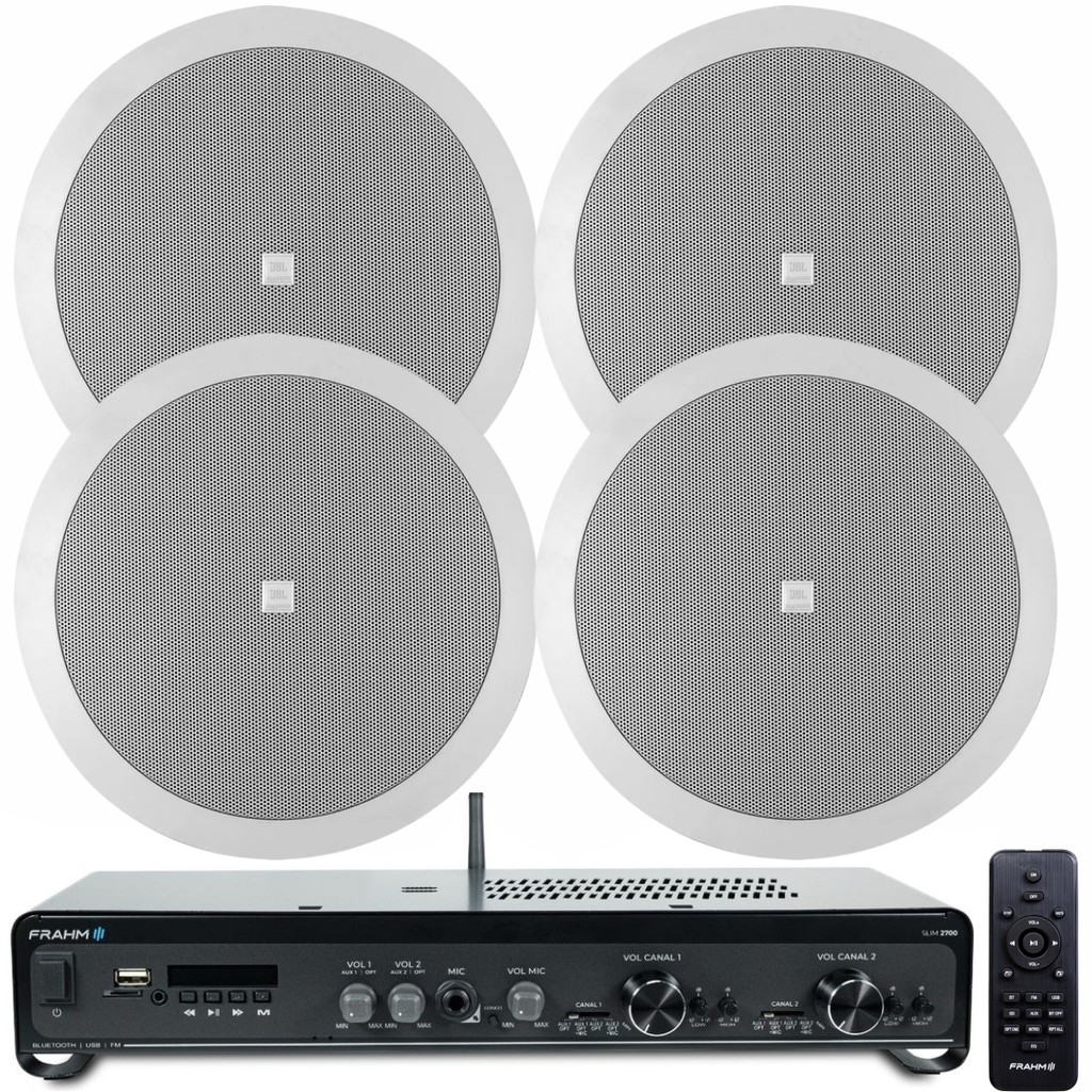 Kit Amplificador Frahm Slim 2700 Optical 160W + 04 Arandelas Alto Falantes JBL Redonda 6CO2R 25W