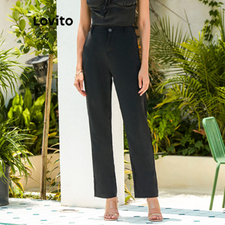 Lovito Calça Lisa Cintura Alta Perna Reta Verão/Primavera Para Mulheres L02067 (Preto) em Oferta na Shopee