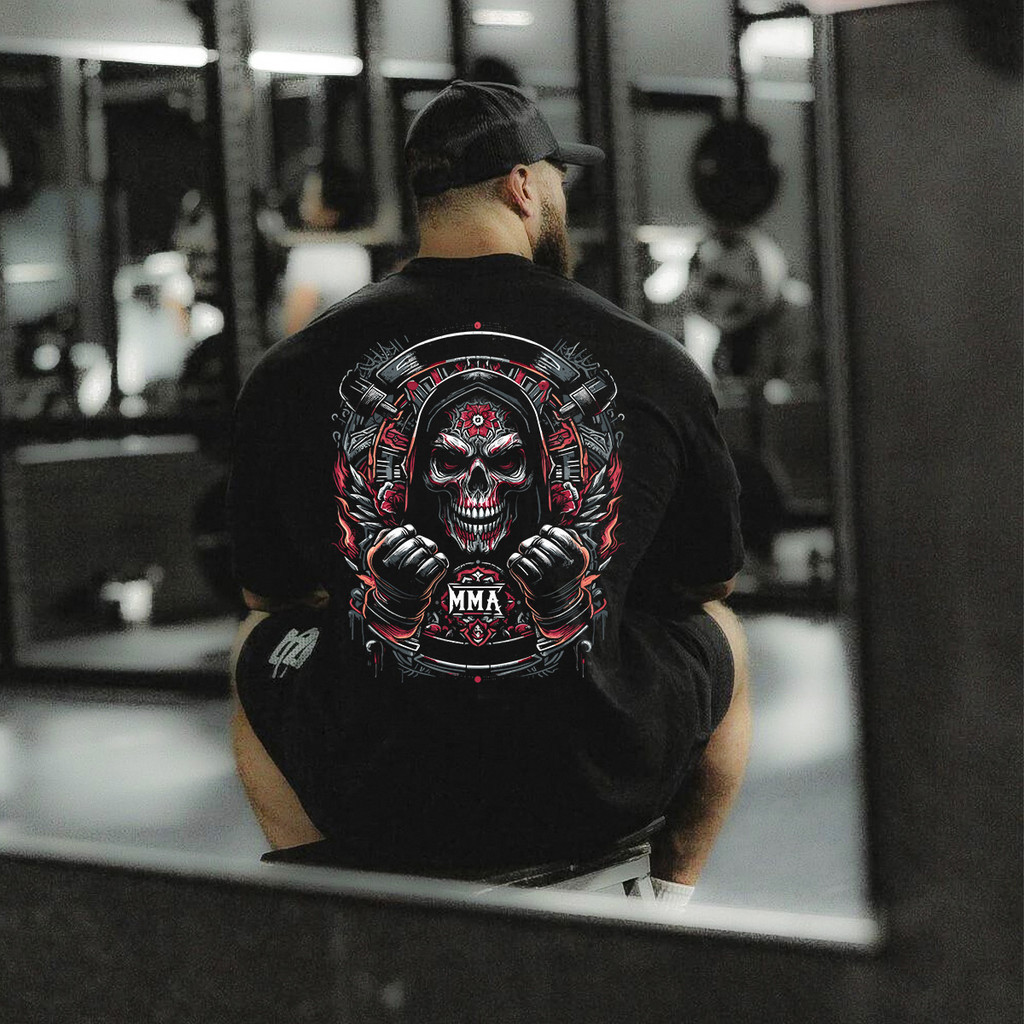 Camiseta Premium em Algodão Puro Camisa Oversized Masculino MMA Caveira 100% Algodão Roupa de Academia