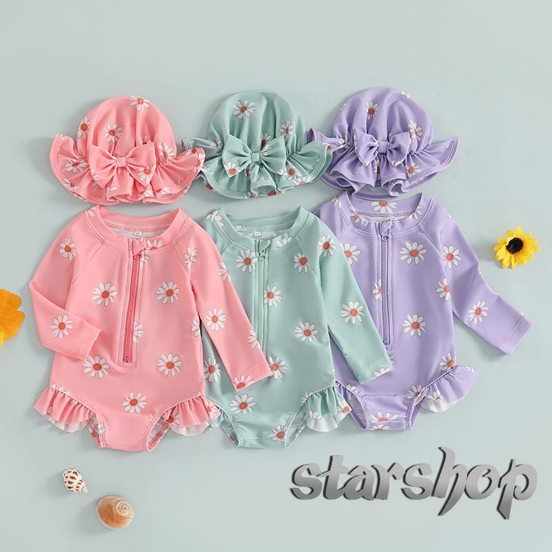 Starshop-Maiô Para Bebês Meninas Manga Comprida Estampa Floral Biquíni Com Zíper E Chapéu Roupa De Banho Recém-Nascidos