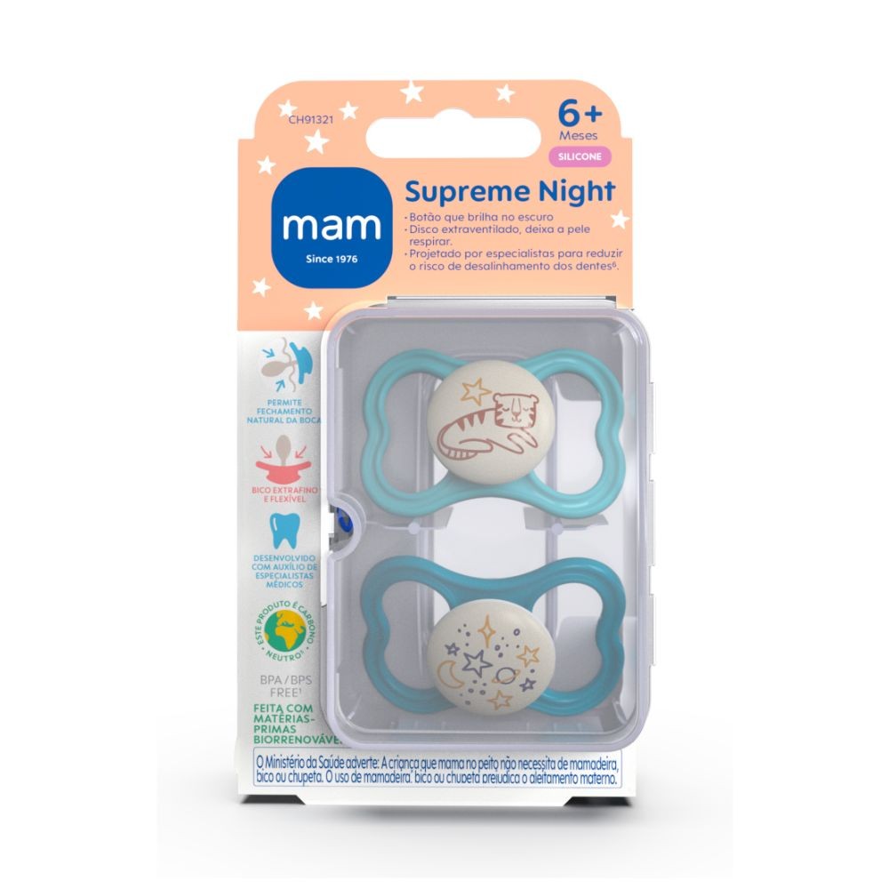 Chupeta Mam Supreme Night 16+ Mese Silicone cor Cinza e Verde com 2 Unidades - Mom & Baby