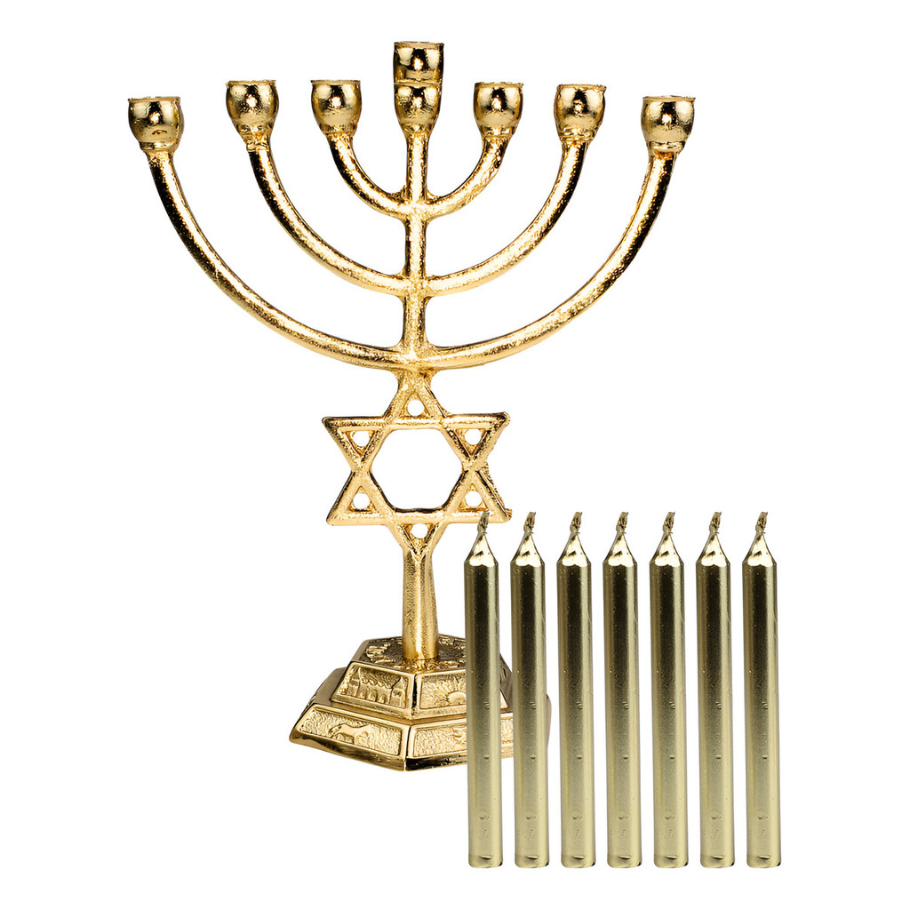 Menorá Estrela De Davi + 7 Velas Judaicas Dourada Fé