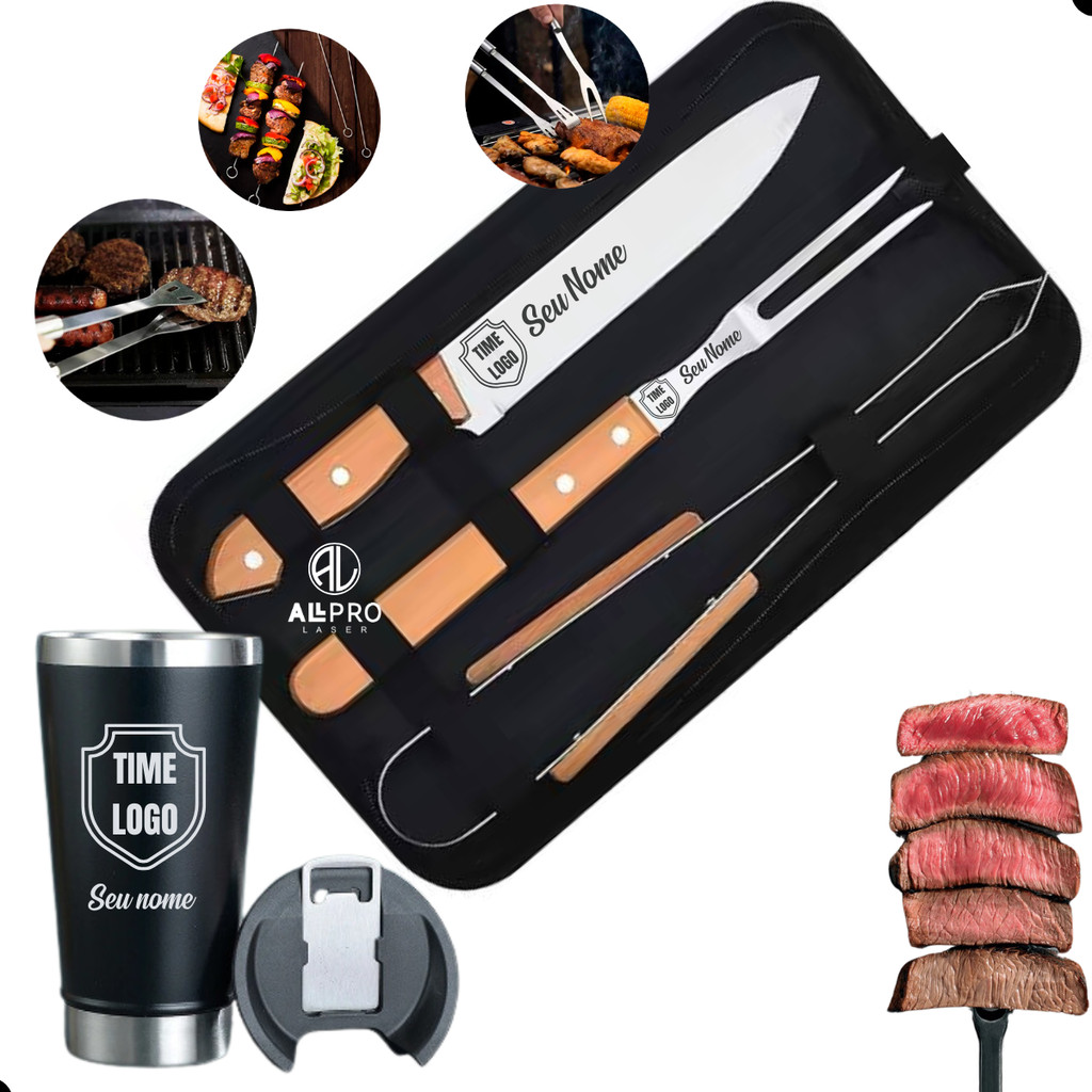 Kit Churrasco 3 Peças ou  Kit Churrasco 3 Peças + Copo Personalizado Logo Time Nome Empresa