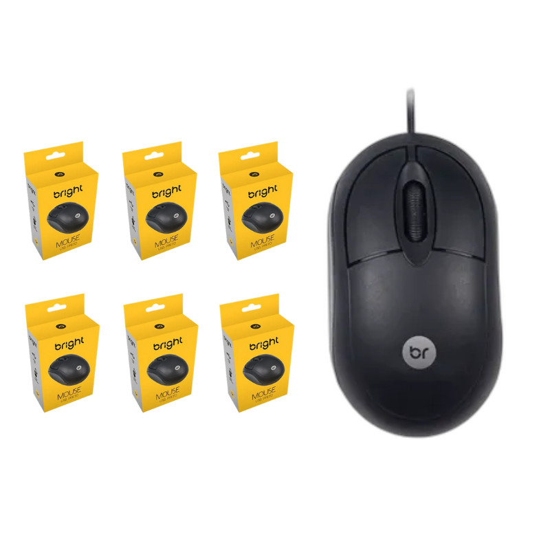 Kit Com 6 Mouse USB Compacto Preto Bright Standard Plug And Play Para Escola Escritorio Recepçao