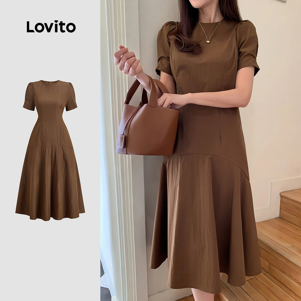 (New) Lovito Vestido Casual de Primavera/verão Vestido Marrom Acolchoado com Drapeado para mulheres L143AD647