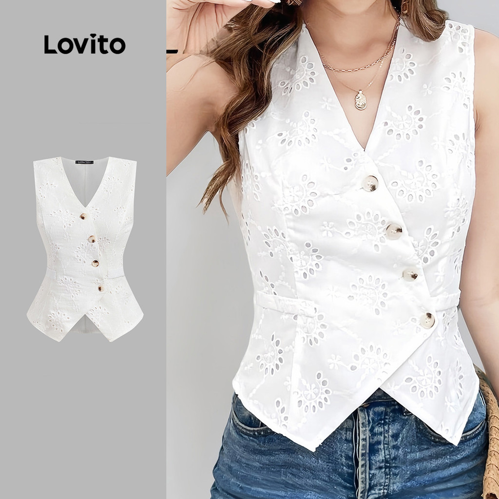 (New) Lovito Blusa Casual com Aberturas em Ilhós  Bordado e Botões  Primavera/verão  Branca  para Mulheres L143AD1885 em Oferta na Shopee