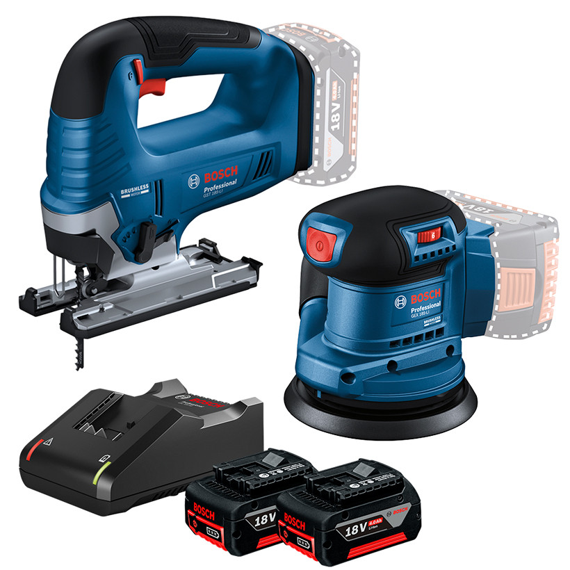 Kit Serra Tico-Tico GST 185-LI + Lixadeira Roto Orbital 5" GEX 185-LI + 2 Bateria 4Ah + Carregador Rápido Bosch