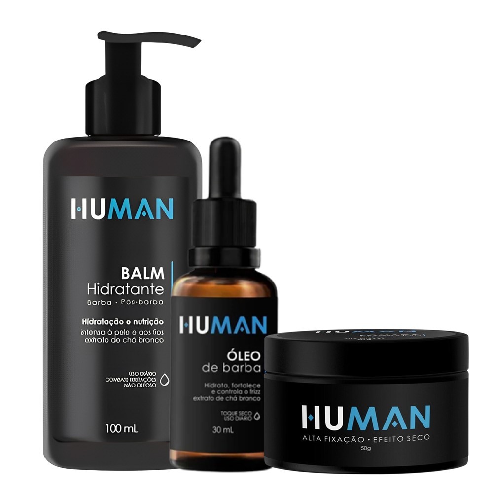 Kit Balm Pós-Barba Óleo para Barba e Pomada Modeladora Efeito Matte Seco Forte Human