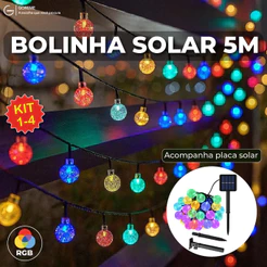 20M Luz Solar Fio de Fada Bolinha RGB 5M Led Com Placa Solar para ambientes externos