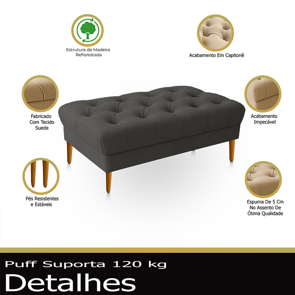 Puff Retrô Luiz XV Capitonê Retangular 100 cm Estofado Decorativo Sala de Estar Suede Cinza Escuro