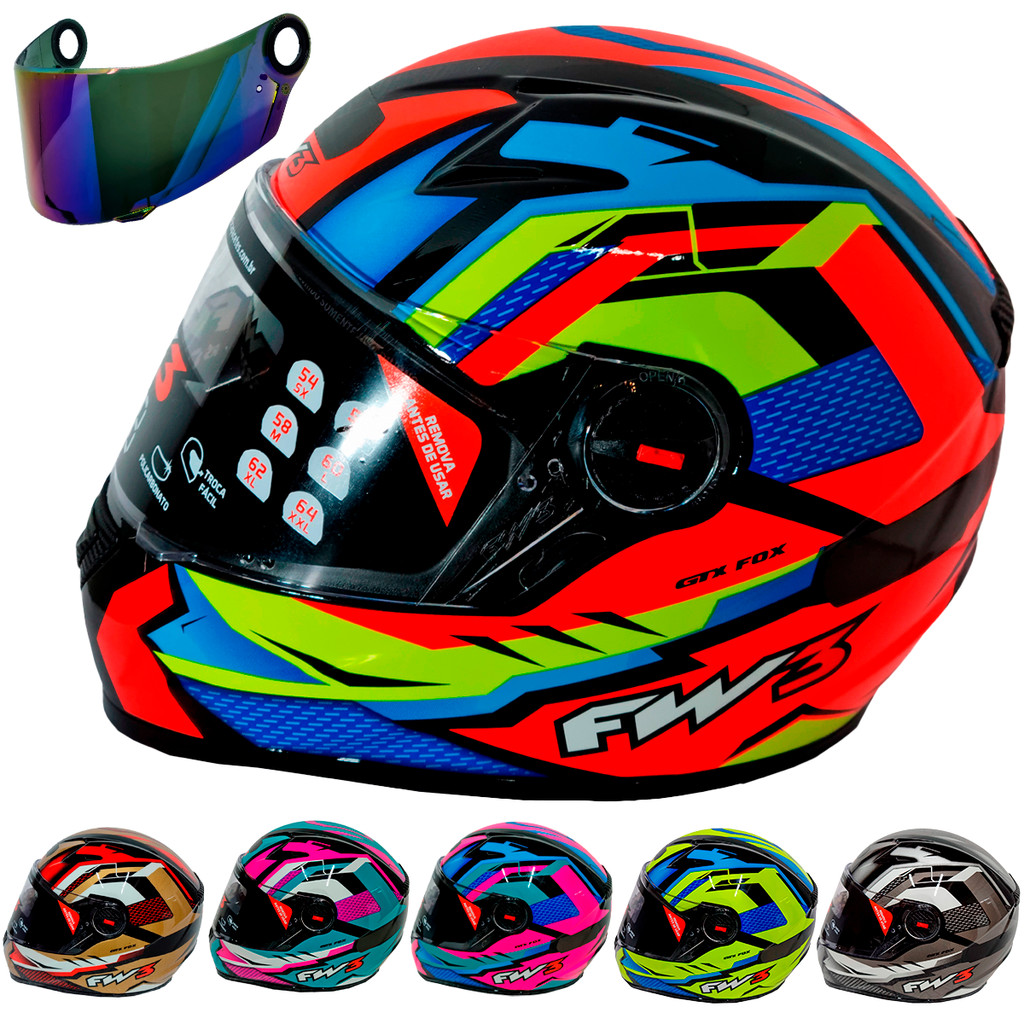 Capacete Integral Fw3 Gtx Fox C/ Óculos + Viseira Camaleão