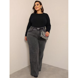CALÇA FEMININA CINTURA ALTA WIDE LEG GRAFITE PLUS SIZE em Oferta na Shopee