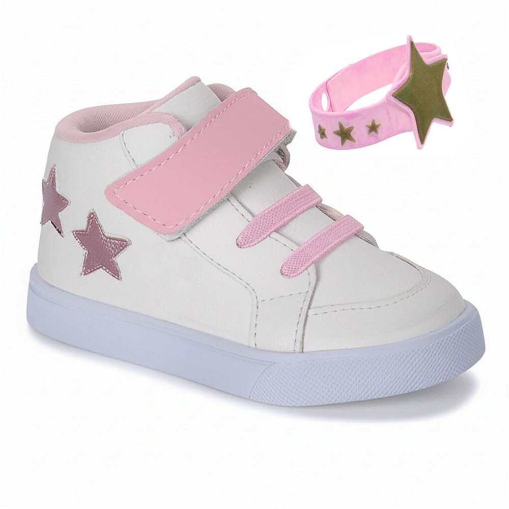 Tenis botinha infantil feminina criança branco rosa estrela calçado com pulseira