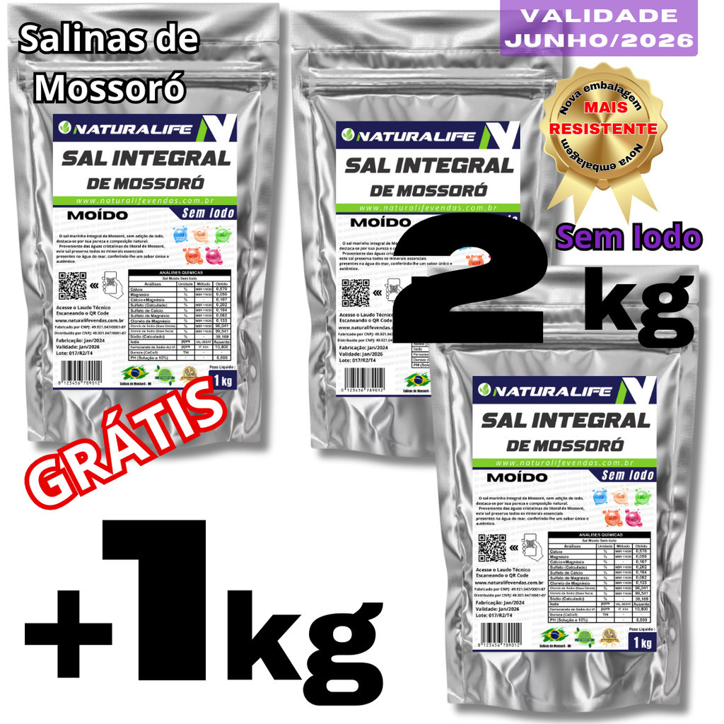 Sal Marinho Integral S/ Iodo Moído 3kg (2kg + 1kg Grátis) Mossoró