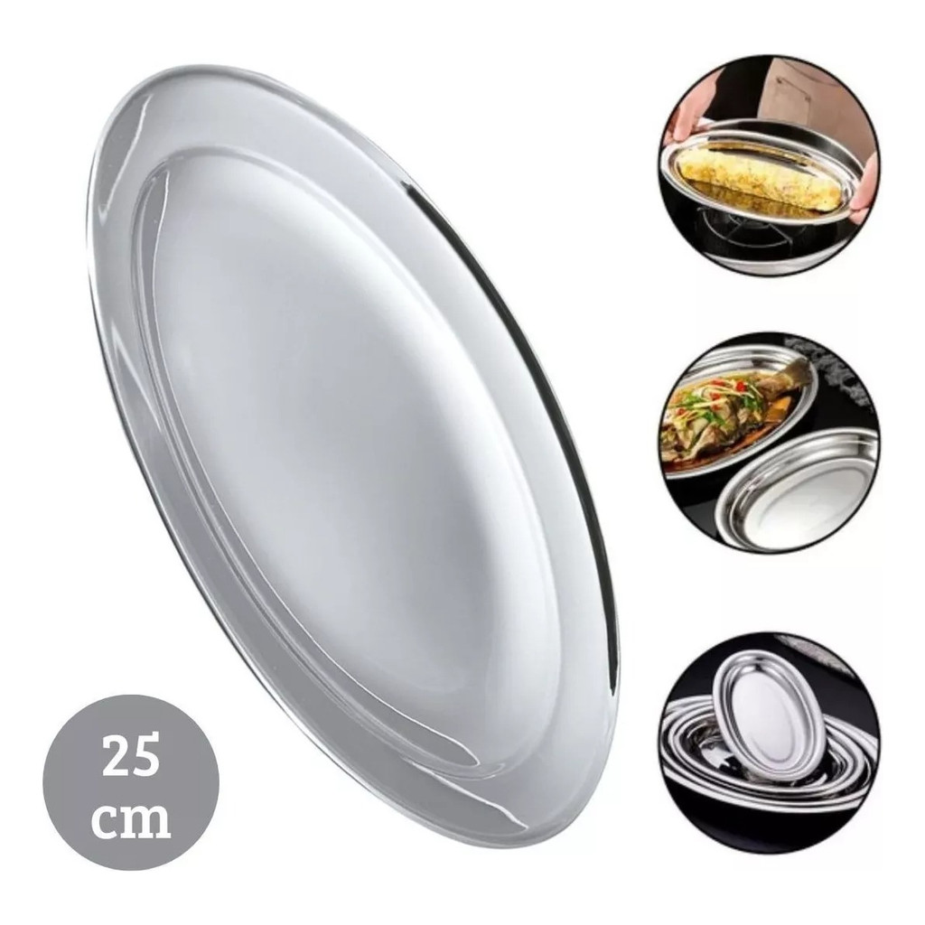 Kit 5 Bandejas Travessas Inox Rasa Oval 25cm Bandeja Restaurante Bar Porção Comida Salada