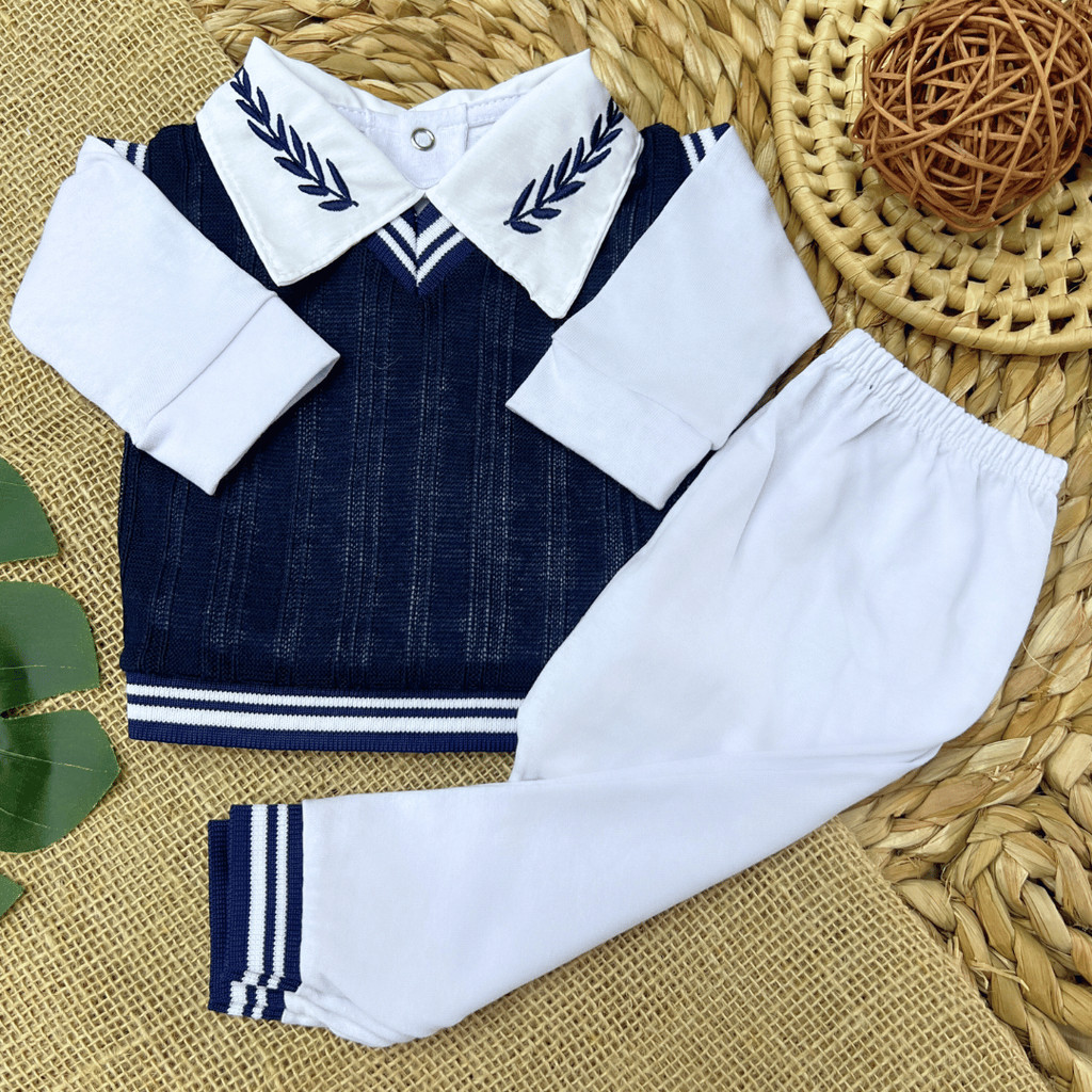 Conjunto Pagão Suéter Gola Bordada Bebê | Suéter + Body + Calça | Masculino | Tamanho RN