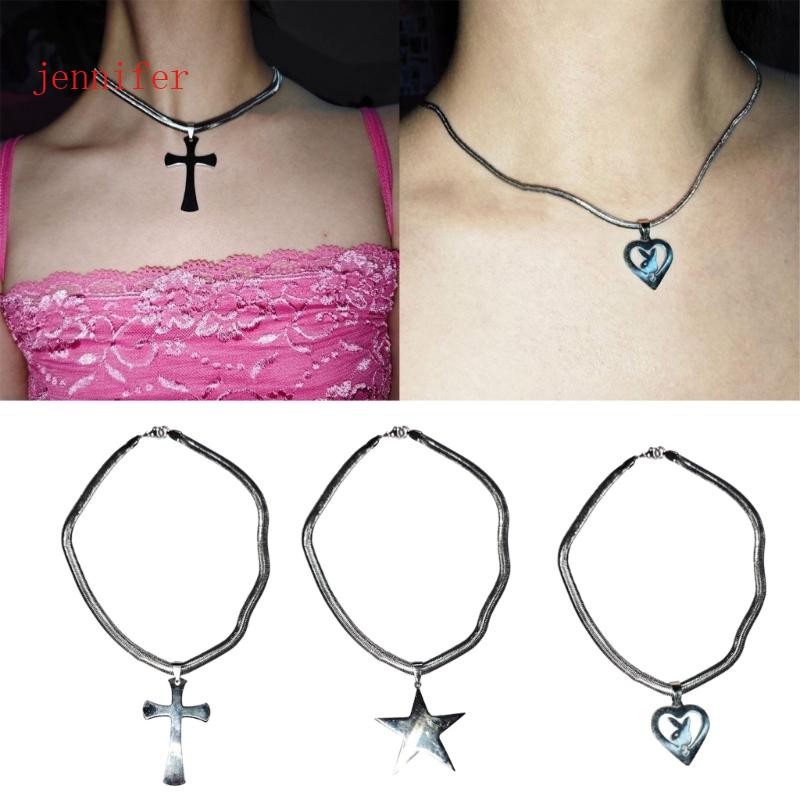 jennifer Simple Cross Star Heart Pendant Colar De Cobra Y2K