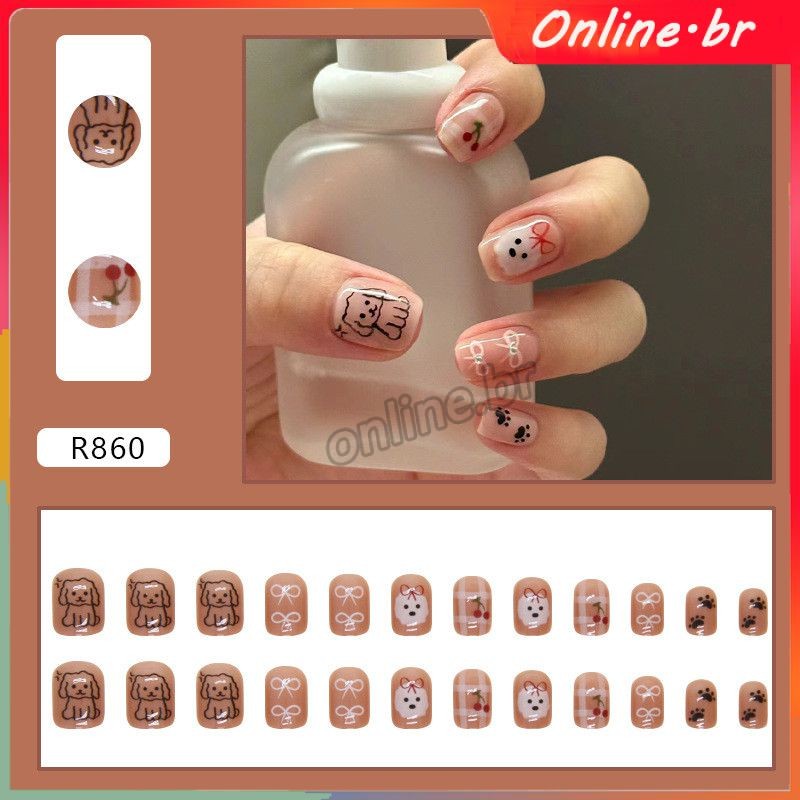 ✅ Handmade Fake Nails Hand Drawn Graffiti Of Puppy Bow Tie Short Square Shape Wearing Armor 24Pcs/Pair Detachable Pre-made DIY Manicure Tools For Nail Shop Oline.br