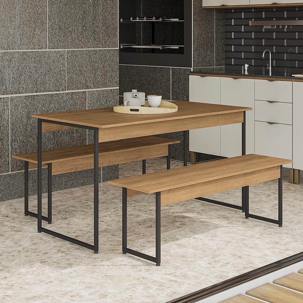Mesa de Jantar Industrial Com 2 Bancos Freijó 1,36m - Home & Living