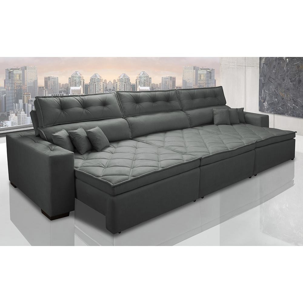Sofá Austin 3,22m Retrátil, Reclinável com Molas no Assento e Almofadas, Suede Cinza Cama inBox