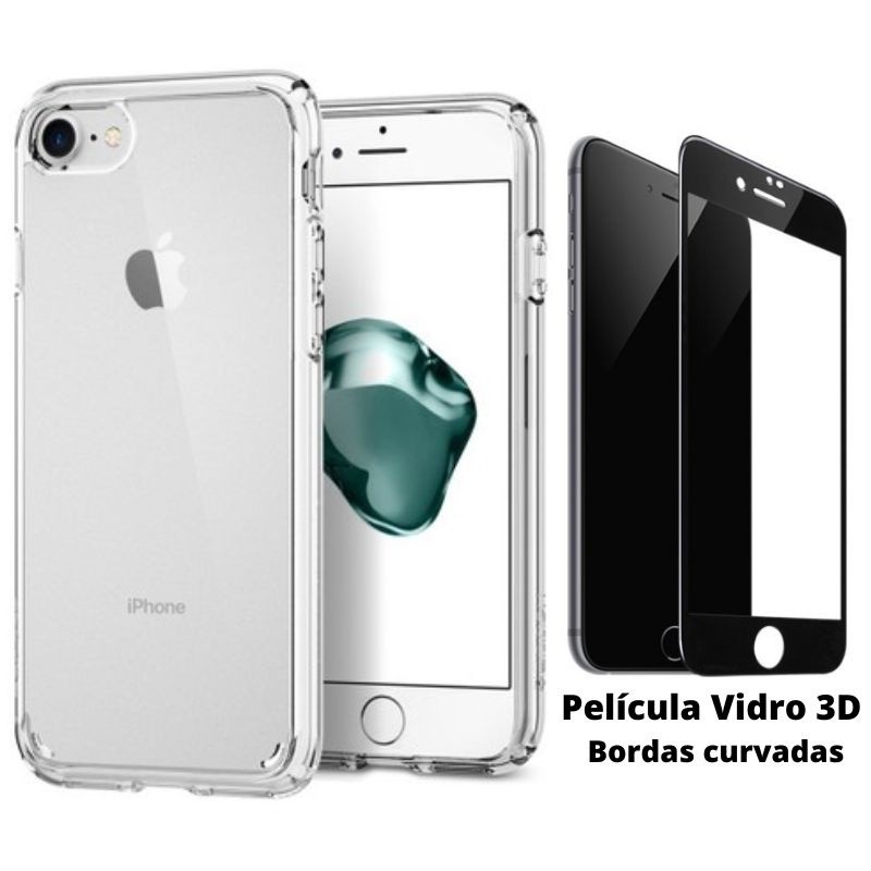 Kit 2em1 Compativel Com iPhone SE 3a Geracao - Capa Clear Space + Pelicula de Vidro 3D Full Cover
