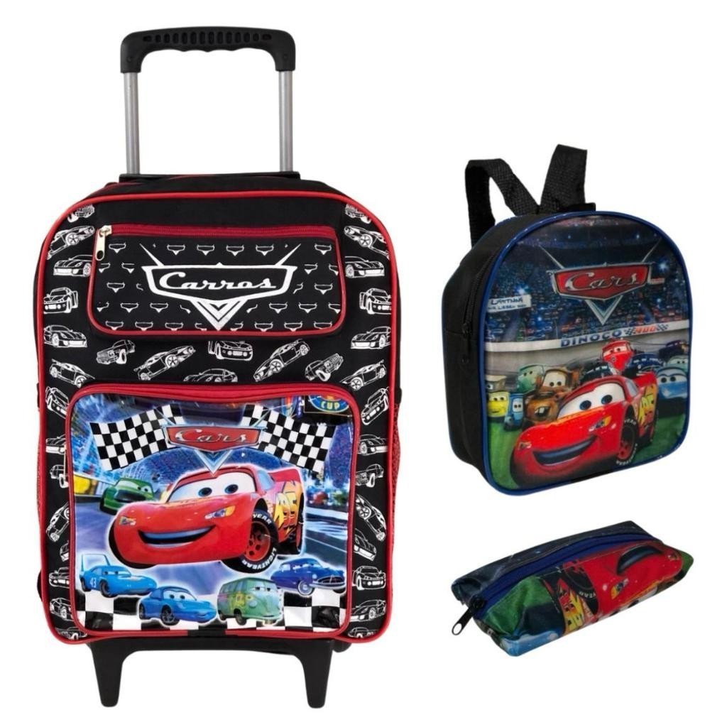 Kit Mochila Escolar Bolsa Rodinhas com Lancheira e Estojo Escola Para Meninos Modelo Carros Grande