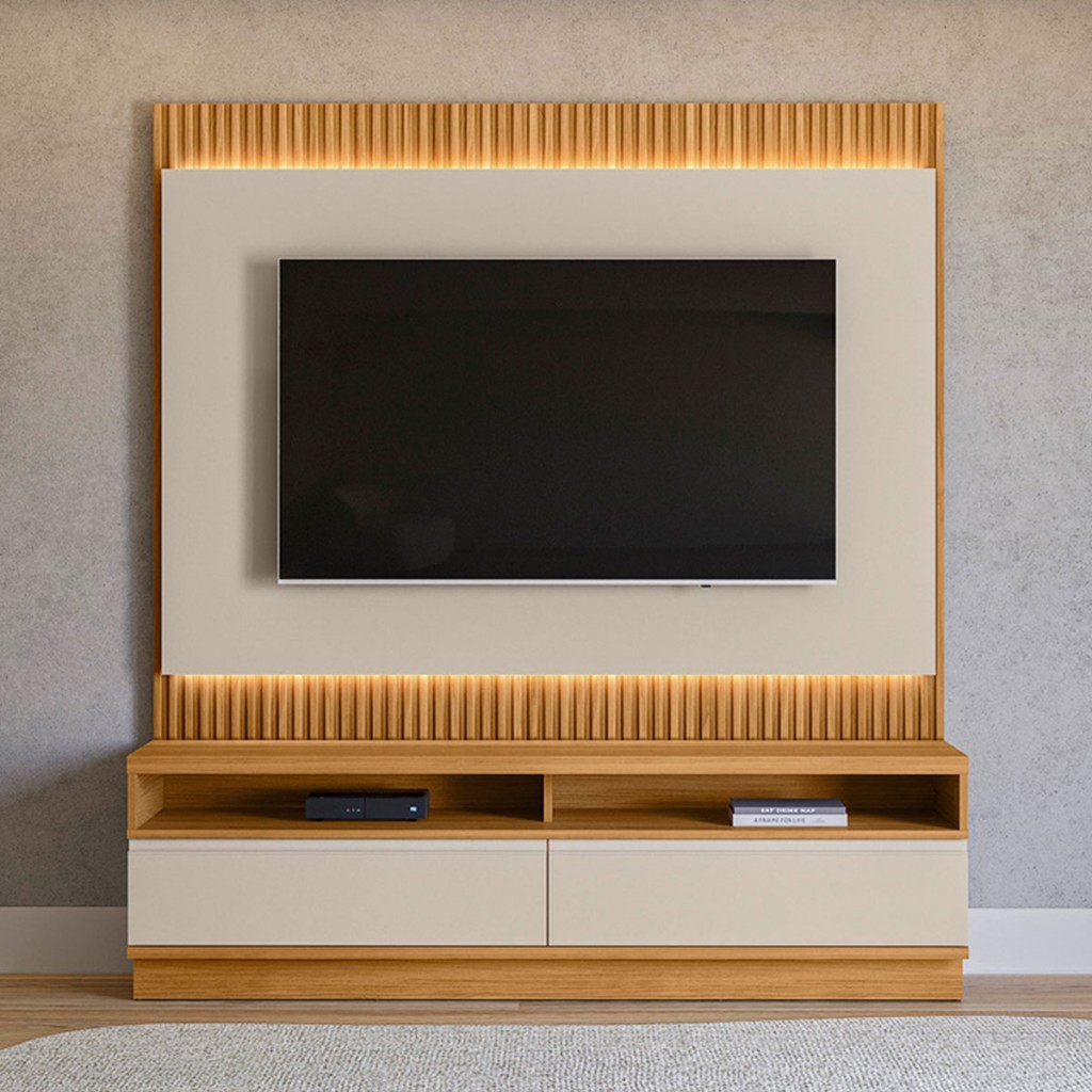 Rack com Painel para TV Até 70 Polegadas São Paulo 2 Gavetas Ripado com Led Tauari/Off White Fosco - Linea Brasil em Oferta na Shopee